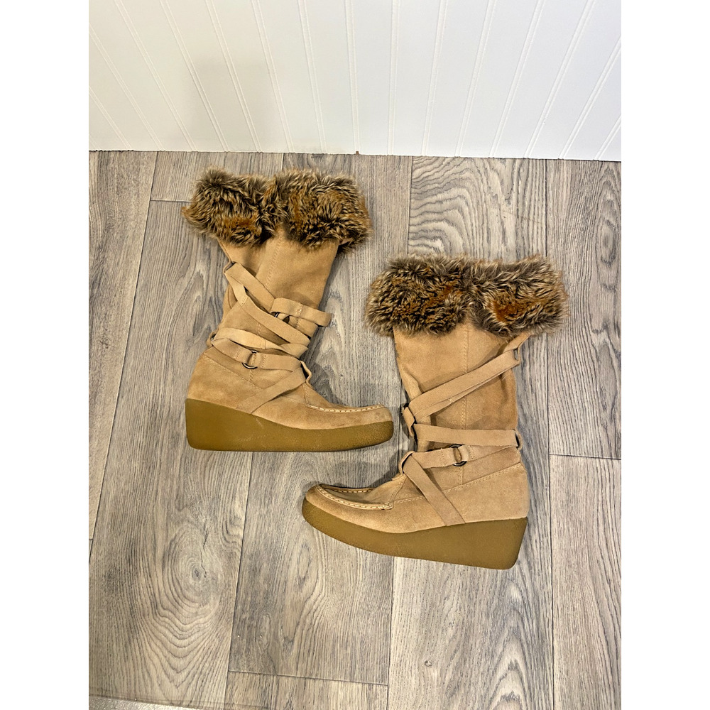REPORT Boots Women’s Size 10 Tan Suede Leather Faux Fur Trimmed Calf High Wedge